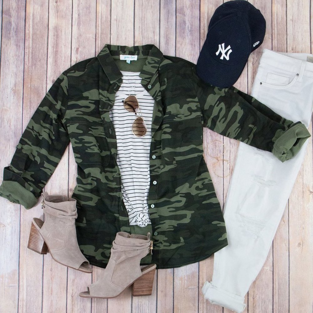 Grace & Lace Camo Long Sleeve Button Up Top